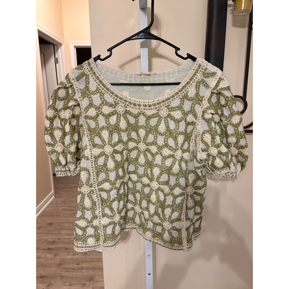 Solitaire Women Green Cream Crochet Lace Puff Sleeve Blouse Large Boho Top
